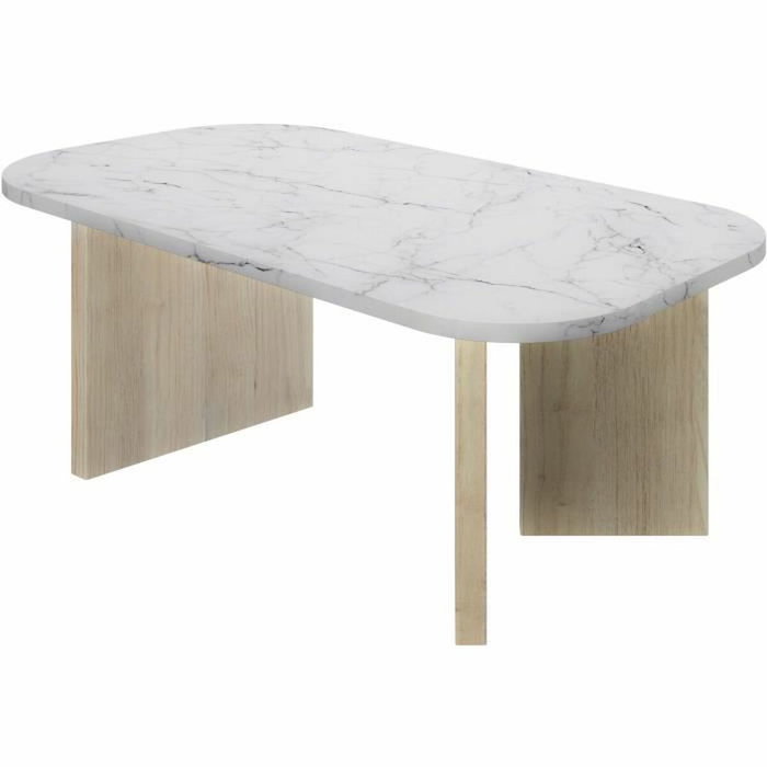 Diagone Mesa de centro QUARTZ ovalada imitación mármol blanco y patas de roble Diagone Mesa de centro QUARTZ ovalada imitación mármol blanco y patas de roble