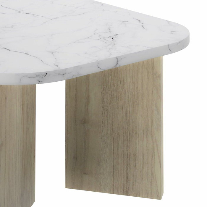 Diagone Mesa de centro QUARTZ ovalada imitación mármol blanco y patas de roble Diagone Mesa de centro QUARTZ ovalada imitación mármol blanco y patas de roble