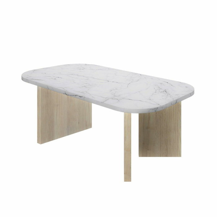 Diagone Mesa de centro QUARTZ ovalada imitación mármol blanco y patas de roble Diagone Mesa de centro QUARTZ ovalada imitación mármol blanco y patas de roble