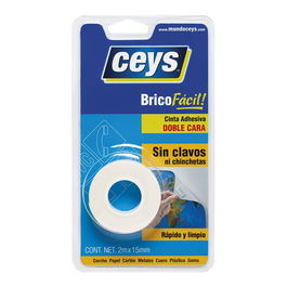 Ceys Cinta Adhesiva Doble Cara Bricofácil, Adhesión Instantánea y Fuerte, 15 mm x 2 m, para Superficies Lisas