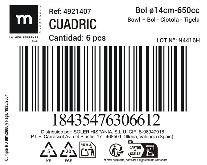 Inde Bol 650 cc Ø14 cm "Cuadric" Md (18 Unidades)