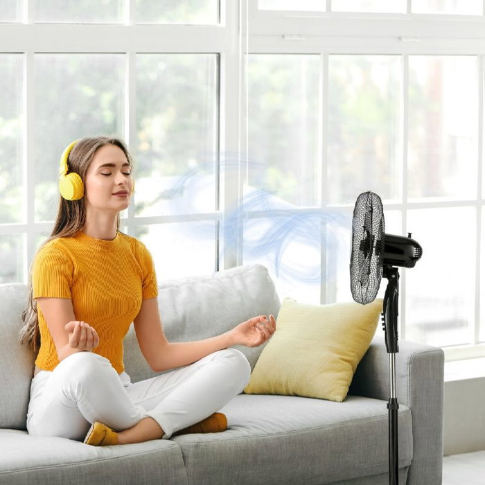 AVANT Black Edition Ventilador de Pie, 16 Pulgadas (40 cm), 45W, Color Negro con Base Redonda