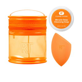 Real Techniques Set de Limpieza Miracle Blend + Cleanse con Esponja, Jabón y Bolsa de Viaje - 3 Piezas