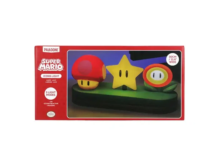 Wondee Lampara Sobremesa Super Mario Icons Light con Iluminación de Setas, Estrellas y Flores, Modo Música, 30 cm, USB/Pilas