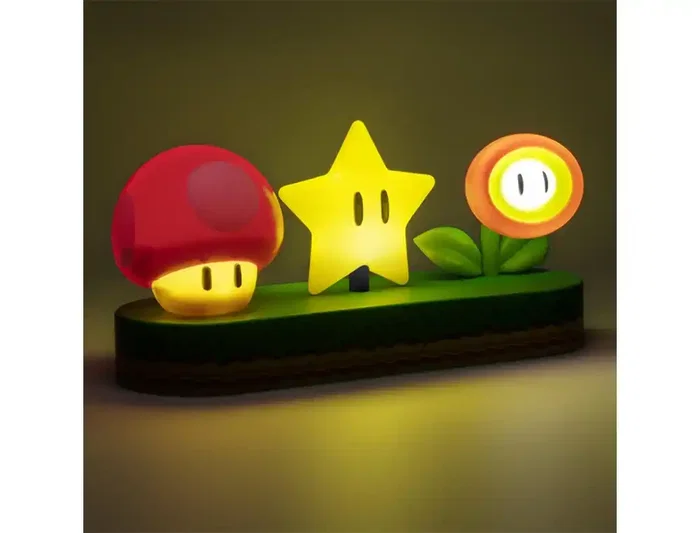 Wondee Lampara Sobremesa Super Mario Icons Light con Iluminación de Setas, Estrellas y Flores, Modo Música, 30 cm, USB/Pilas