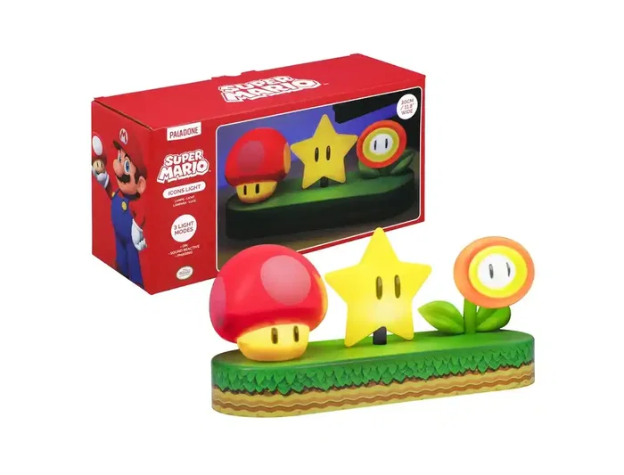 Wondee Lampara Sobremesa Super Mario Icons Light con Iluminación de Setas, Estrellas y Flores, Modo Música, 30 cm, USB/Pilas
