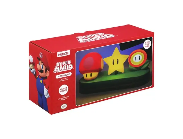 Wondee Lampara Sobremesa Super Mario Icons Light con Iluminación de Setas, Estrellas y Flores, Modo Música, 30 cm, USB/Pilas
