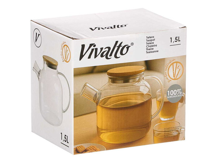 Vivalto Tetera de Vidrio Borosilicato con Tapa de Bambú 1.5 Litros 23x15x14 cm, Resistente a Cambios de Temperatura (-20ºC a 150ºC) con Filtro, Transparente (Set de 6)