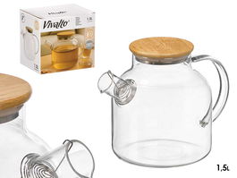 Vivalto Tetera de Vidrio Borosilicato con Tapa de Bambú 1.5 Litros 23x15x14 cm, Resistente a Cambios de Temperatura (-20ºC a 150ºC) con Filtro, Transparente (Set de 6)