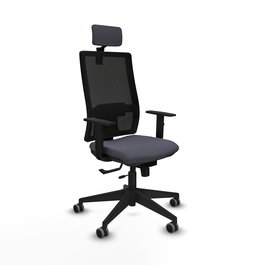 Silla de oficina Horna con mecanismo Sincro/Traslack tapizada con Tela color Gris oscuro y malla color Negro. Equipada con lumbar 1D, Brazos 1D, Cabecero 2D y Ruedas 65 mm parqué