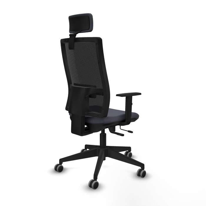 Silla de oficina Horna con mecanismo Sincro/Traslack tapizada con Tela color Gris oscuro y malla color Negro. Equipada con lumbar 1D, Brazos 1D, Cabecero 2D y Ruedas 65 mm parqué
