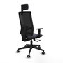 Silla de oficina Horna con mecanismo Sincro/Traslack tapizada con Tela color Gris oscuro y malla color Negro. Equipada con lumbar 1D, Brazos 1D, Cabecero 2D y Ruedas 65 mm parqué