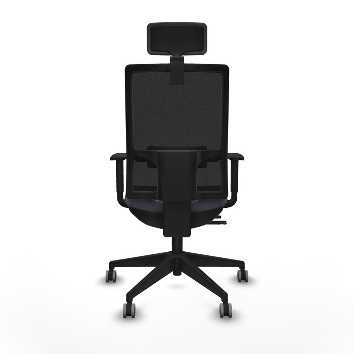 Silla de oficina Horna con mecanismo Sincro/Traslack tapizada con Tela color Gris oscuro y malla color Negro. Equipada con lumbar 1D, Brazos 1D, Cabecero 2D y Ruedas 65 mm parqué