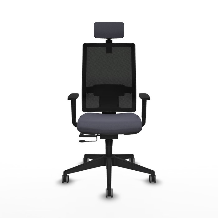 Silla de oficina Horna con mecanismo Sincro/Traslack tapizada con Tela color Gris oscuro y malla color Negro. Equipada con lumbar 1D, Brazos 1D, Cabecero 2D y Ruedas 65 mm parqué