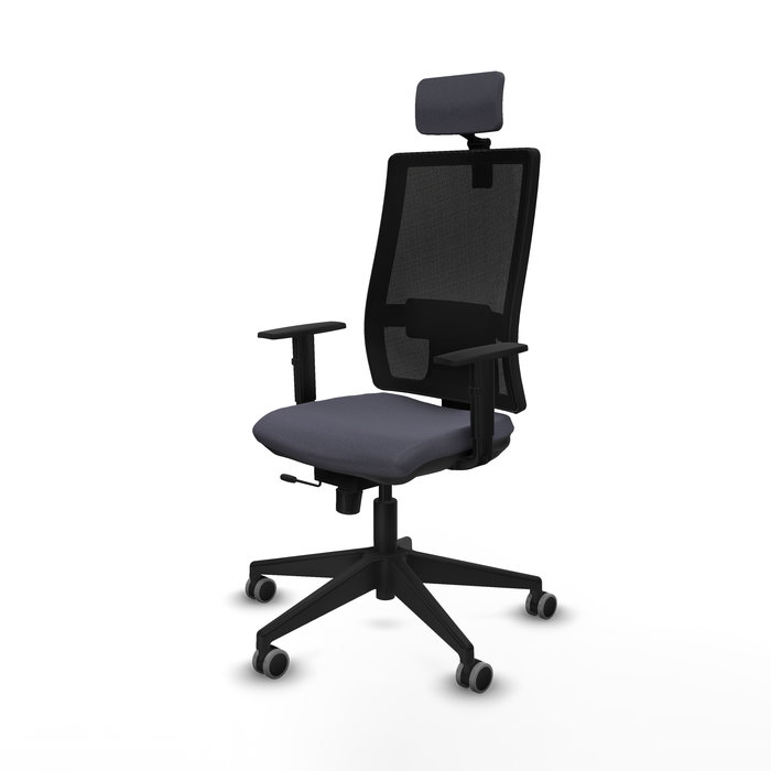 Silla de oficina Horna con mecanismo Sincro/Traslack tapizada con Tela color Gris oscuro y malla color Negro. Equipada con lumbar 1D, Brazos 1D, Cabecero 2D y Ruedas 65 mm parqué