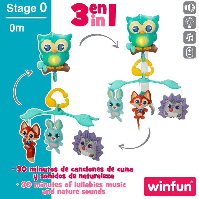 Winfun Móvil de cuna relajante 3 en 1 con animalitos del bosque Winfun Móvil de cuna relajante 3 en 1 con animalitos del bosque