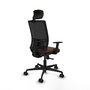 Silla de oficina Yunquera con mecanismo Sincro tapizada con Tela color Marrón oscuro y malla color Negro. Equipada con lumbar 1D, Brazos 1D, Cabecero 1D y Ruedas 65mm nailon