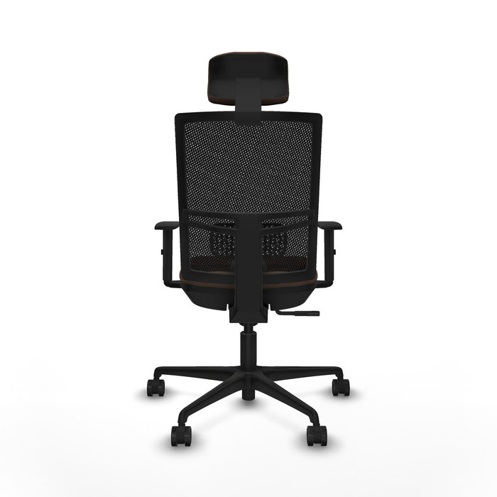 Silla de oficina Yunquera con mecanismo Sincro tapizada con Tela color Marrón oscuro y malla color Negro. Equipada con lumbar 1D, Brazos 1D, Cabecero 1D y Ruedas 65mm nailon