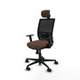 Silla de oficina Yunquera con mecanismo Sincro tapizada con Tela color Marrón oscuro y malla color Negro. Equipada con lumbar 1D, Brazos 1D, Cabecero 1D y Ruedas 65mm nailon