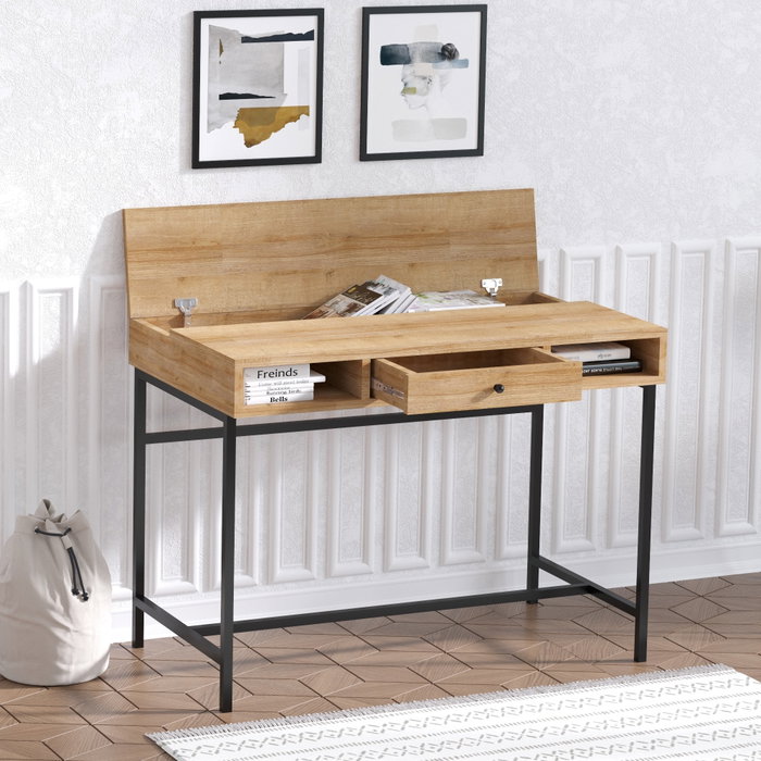 Hanah Home Escritorio de Estudio Berry Sapphire Oak, Negro. Tablero de partículas recubierto de melamina.