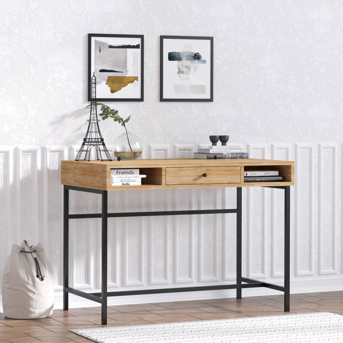 Hanah Home Escritorio de Estudio Berry Sapphire Oak, Negro. Tablero de partículas recubierto de melamina.