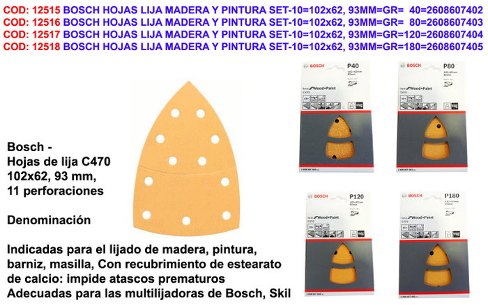 BOSCH Set de 10 hojas de lija para madera/pintura de grano 180 (102x62,93 mm) BOSCH Set de 10 hojas de lija para madera/pintura de grano 180 (102x62,93 mm)