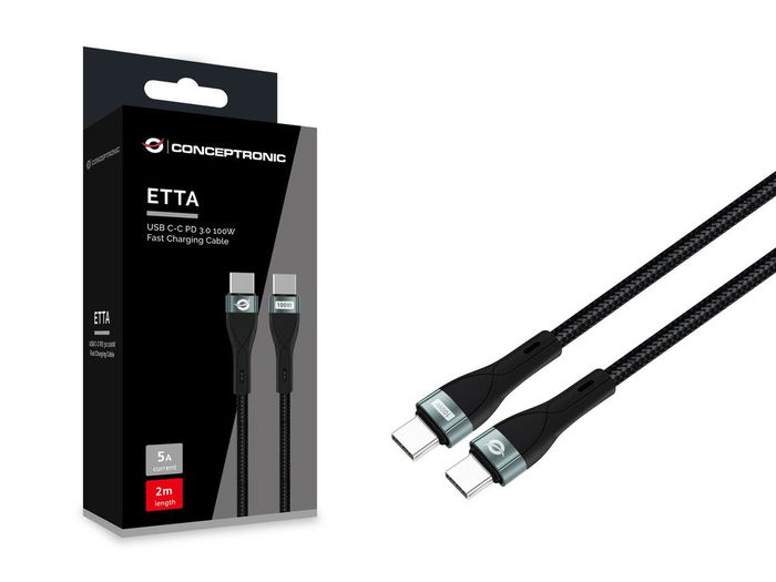 Conceptronic ETTA01B20 Cable USB C Macho - Macho Negro 100W 2 Metros