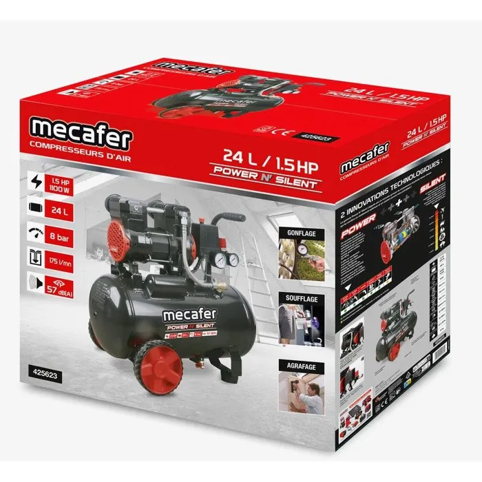 Mecafer Compresor Horizontal Silencioso 24 L 1,5 CV 175 L/min Mecafer Compresor Horizontal Silencioso 24 L 1,5 CV 175 L/min