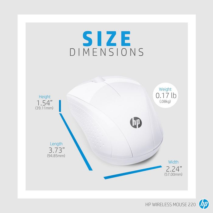 HP Ratón Inalámbrico 220 Blanco con Nano Receptor USB, Sensor Óptico 1600 DPI, Conexión 2.4GHz, 3 Botones, Batería AA, Compatible con Windows, macOS, ChromeOS