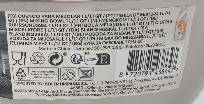 Masterchef Bol Acero Inoxidable 17 cm x 7.1 cm 0.8 L (24 Unidades)