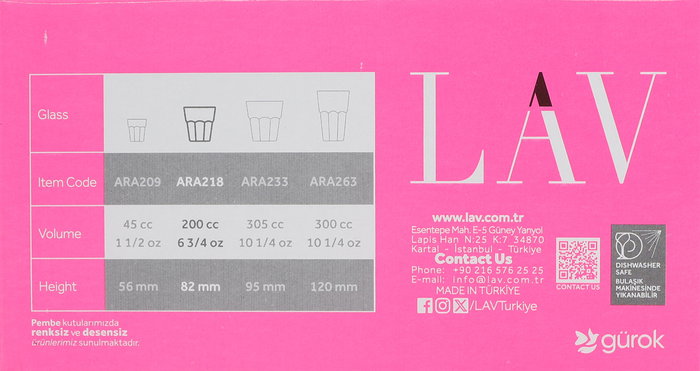 Lav Set de 6 Vasos de Vino Aras, 200 cc, Cristal, 8 cm de Diámetro x 8.2 cm de Alto, Incluye Medidas y Peso (8 Cajas)