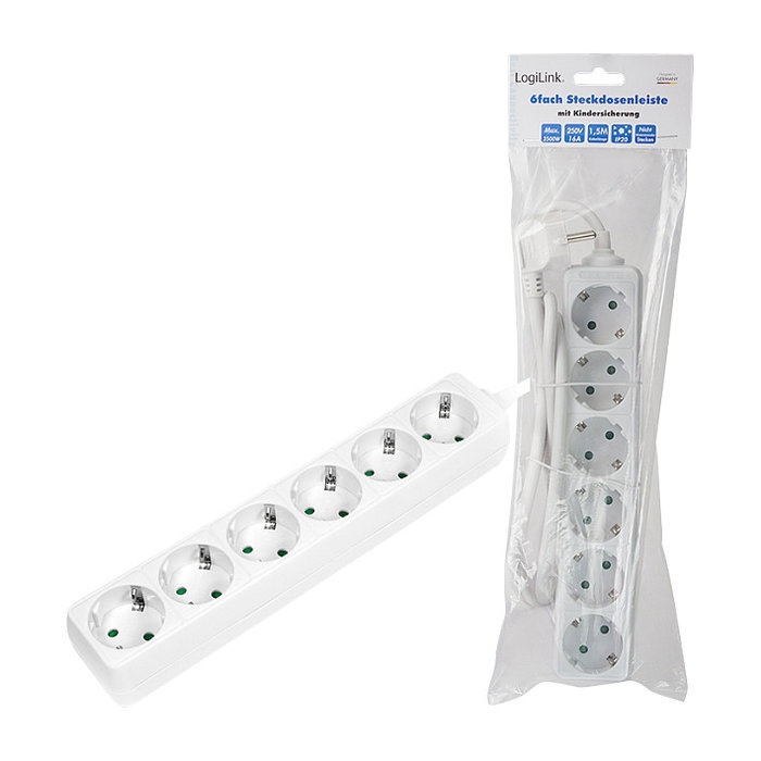 LogiLink Regleta de Enchufes 6 Tomas con Conector de Tierra, Blanco, Interruptor, 1.5m Cable, 250V, 3500W, 16A, IP20, LPS238