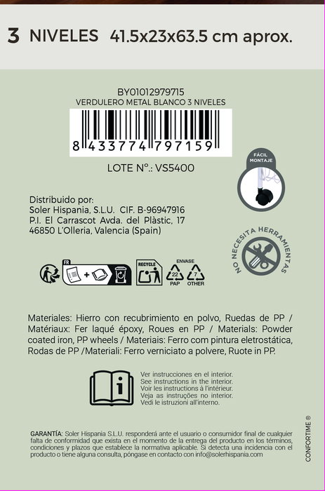 Inde - Verdulero de 3 Niveles en Metal, Color Blanco, Dimensiones 59.7 cm de Largo x 23.8 cm de Ancho x 6.5 cm de Alto (8 Unidades)