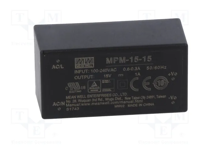 MEAN WELL MPM-15-15 Convertidor AC/DC 15W 15V DC MEAN WELL MPM-15-15 Convertidor AC/DC 15W 15V DC