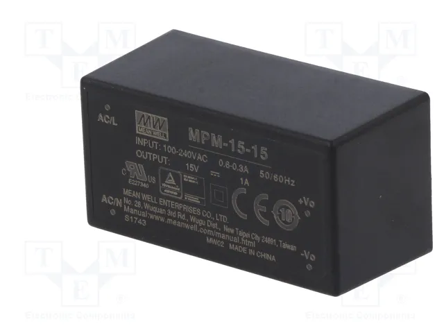 MEAN WELL MPM-15-15 Convertidor AC/DC 15W 15V DC MEAN WELL MPM-15-15 Convertidor AC/DC 15W 15V DC