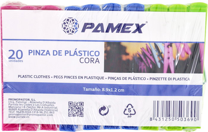 Cora Set de 20 Pinzas de Plástico 8,9 x 1,2 cm Cora Set de 20 Pinzas de Plástico 8,9 x 1,2 cm