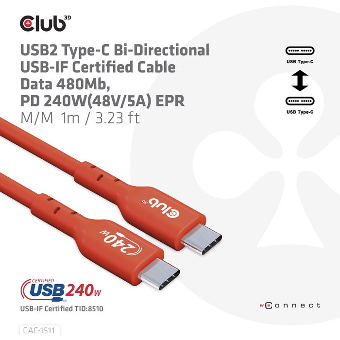 Club 3D CAC-1515 Cable USB 2.0 Tipo C 240W 4m Naranja Club 3D CAC-1515 Cable USB 2.0 Tipo C 240W 4m Naranja