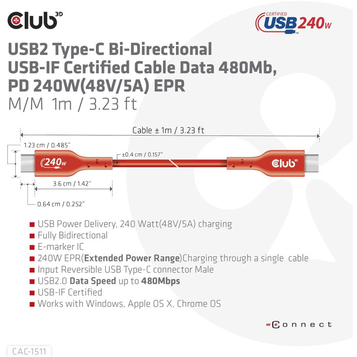 Club 3D CAC-1515 Cable USB 2.0 Tipo C 240W 4m Naranja Club 3D CAC-1515 Cable USB 2.0 Tipo C 240W 4m Naranja