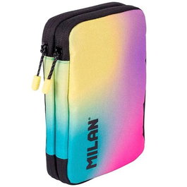 Milan Estuche Escolar Doble Piso Colección Sunset Negro Con Contenido: Lápices, Rotuladores, Bolígrafo, Gomas, Sacapuntas y Regla