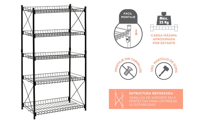 Confortime Estantería Metálica de 5 Niveles 52 cm (ancho) x 34 cm (largo) x 110 cm (alto) (2 Unidades)