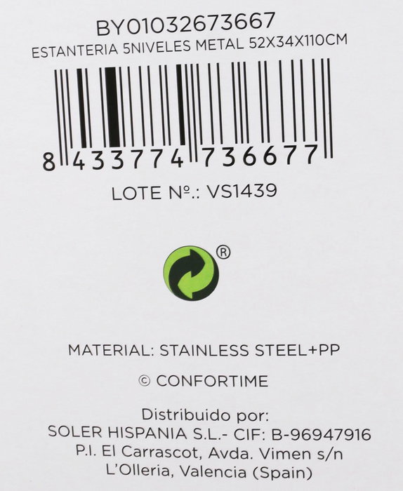Confortime Estantería Metálica de 5 Niveles 52 cm (ancho) x 34 cm (largo) x 110 cm (alto) (2 Unidades)