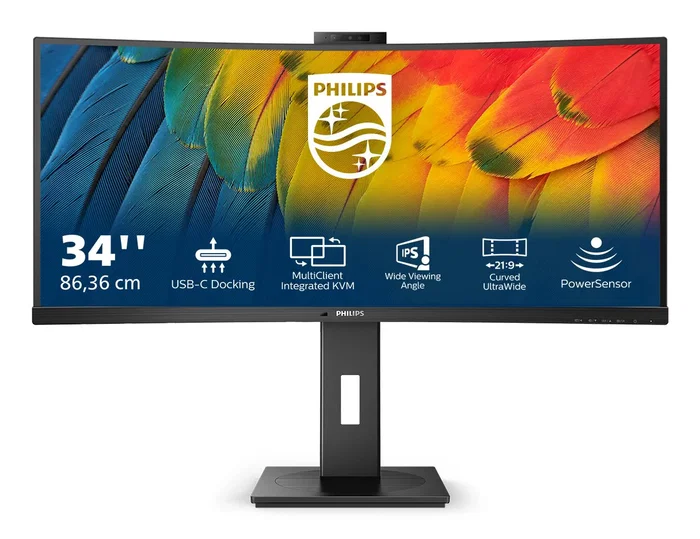 Philips 34B1U5600CH/00 Monitor Curvo de 86.4 cm (34") WQHD 3440x1440 100Hz VA USB-C con Webcam 5MP, KVM, Altavoces y Sensores