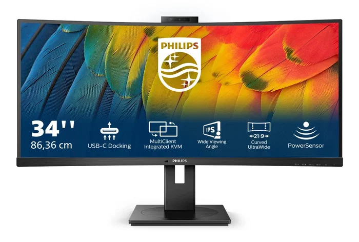Philips 34B1U5600CH/00 Monitor Curvo de 86.4 cm (34") WQHD 3440x1440 100Hz VA USB-C con Webcam 5MP, KVM, Altavoces y Sensores