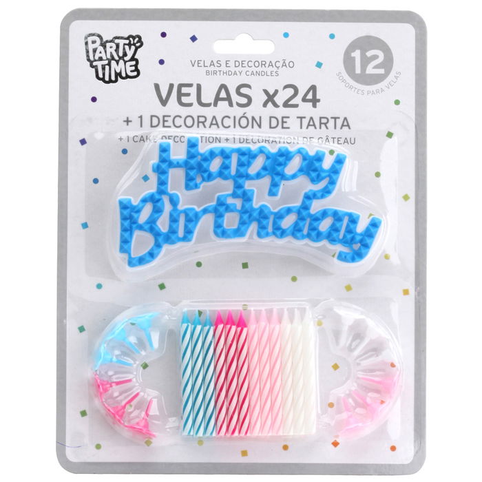 Party Time Juego de 24 Velas Aniversario con 12 Soportes y Decoración 'Happy Birthday'