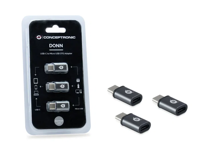 Conceptronic DONN05G Adaptador USB-C Macho a Micro USB Hembra Aluminio Negro, Pack de 3 unidades, Compatible con Android, Windows, Mac