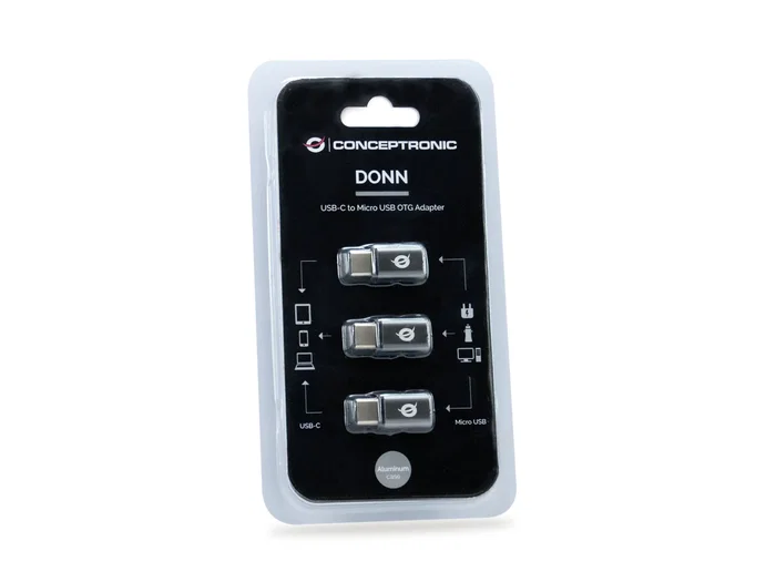 Conceptronic DONN05G Adaptador USB-C Macho a Micro USB Hembra Aluminio Negro, Pack de 3 unidades, Compatible con Android, Windows, Mac