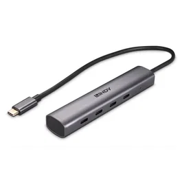 Lindy Hub USB 43384 de 4 Puertos Tipo C USB 3.2 Gen 2 10000 Mbit/s, Aluminio Gris, Cable de 0.255m