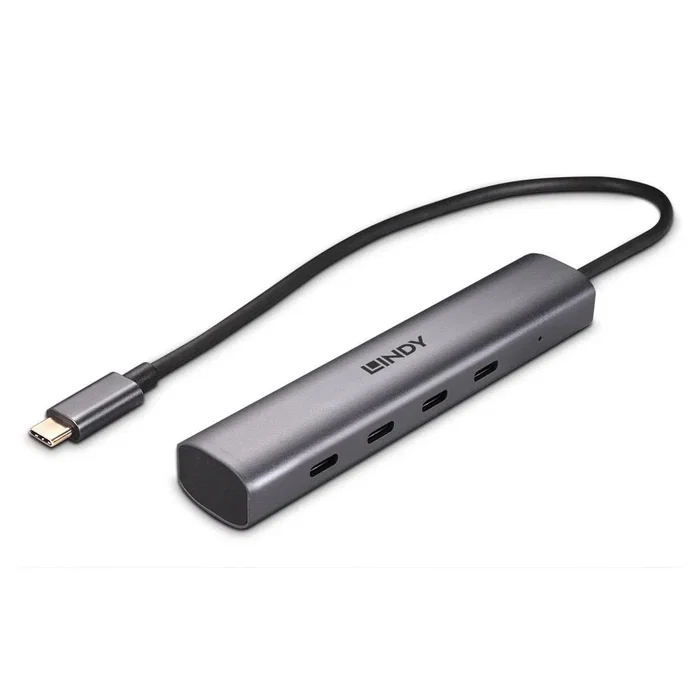 Lindy Hub USB 43384 de 4 Puertos Tipo C USB 3.2 Gen 2 10000 Mbit/s, Aluminio Gris, Cable de 0.255m