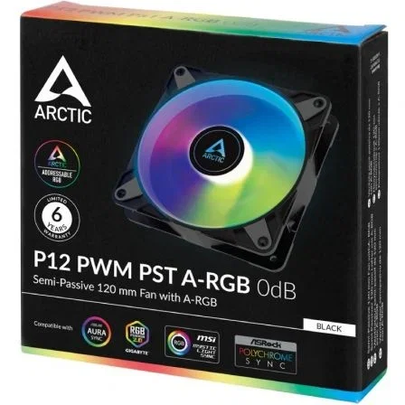 Arctic P12 PWM PST A-RGB Ventilador 120mm Negro PWM PST A-RGB para PC, PC Gaming, Refrigeración de componentes de alta presión estática, 200-2000rpm, Modo 0 dB, 12 LEDs