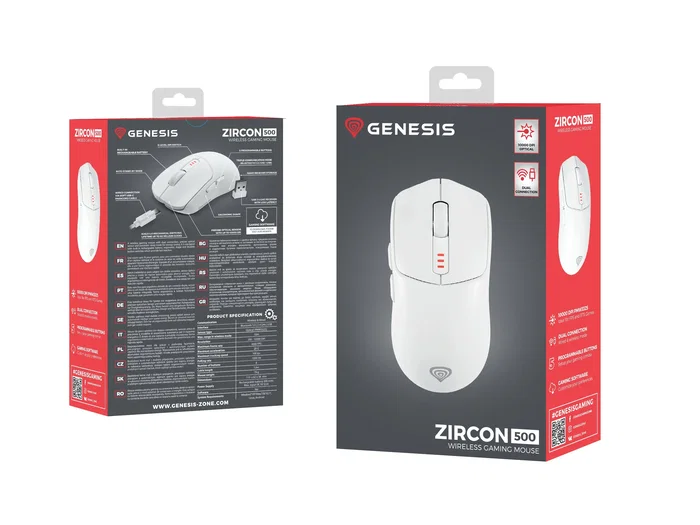 Genesis Zircon 500 - Ratón Gaming Inalámbrico 2.4GHz/Bluetooth 5.0/USB-C, Sensor Óptico Pixart PMW3325 10000 DPI, 6 Botones Mecánicos Kailh, 79g, Blanco, Para Mano Derecha